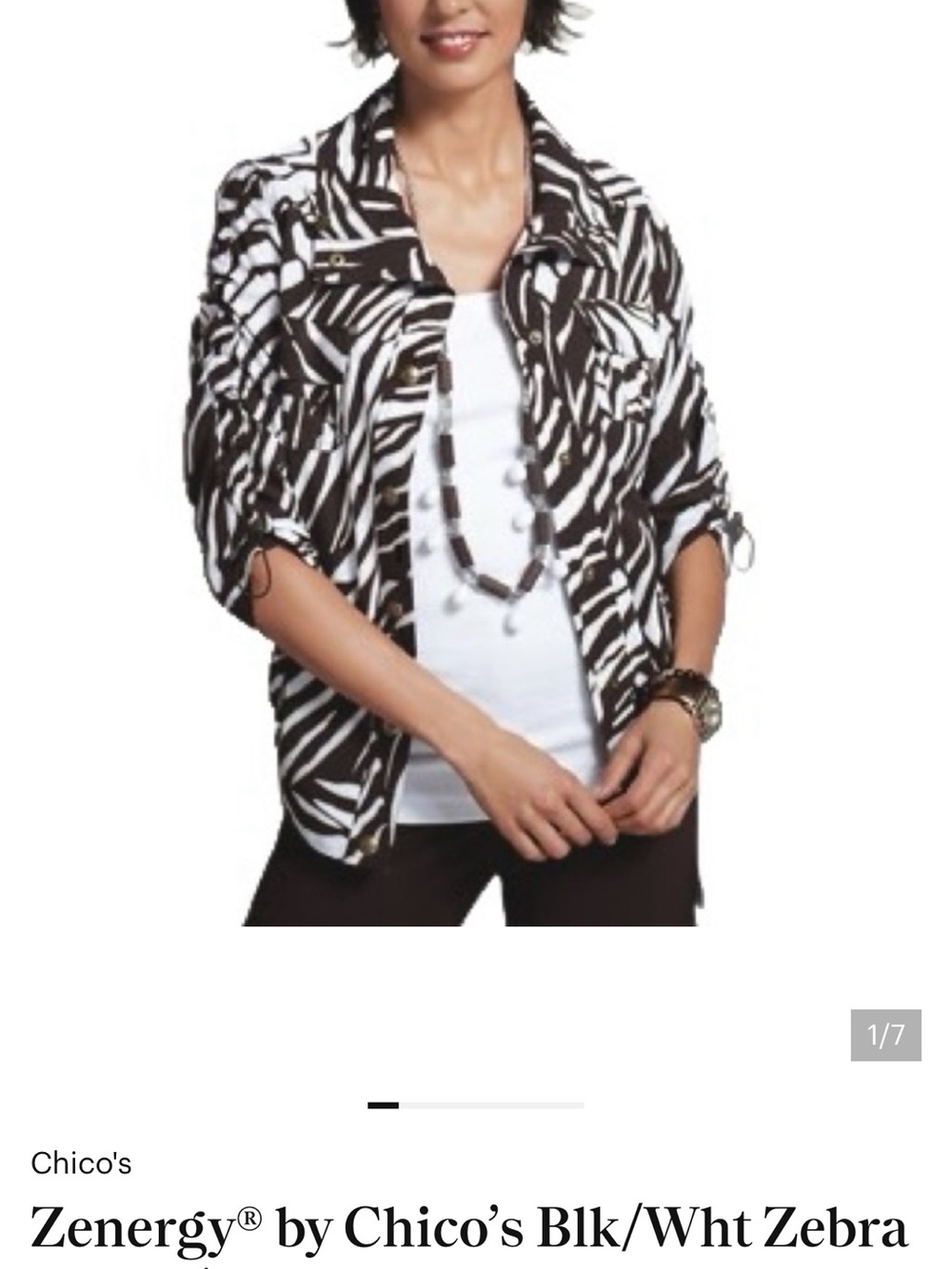 Zenergy by Chico's Black & White Zebra Print Jacket